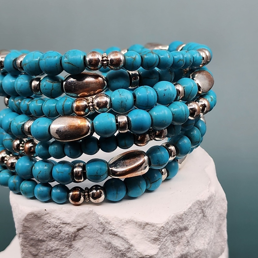 Turquoise Style Bead Coil Bracelet Silver Tone Multi Strand Southwestern Boho